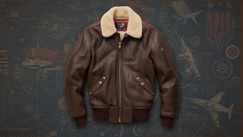 “Classic brown aviator jacket with shearling collar, showcasing a timeless vintage look perfect for modern men’s cold-weather outfits.”