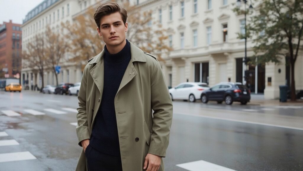 "Stylish man in a khaki trench coat layered over a dark sweater, showcasing an essential look for a modern autumn 2025 wardrobe."