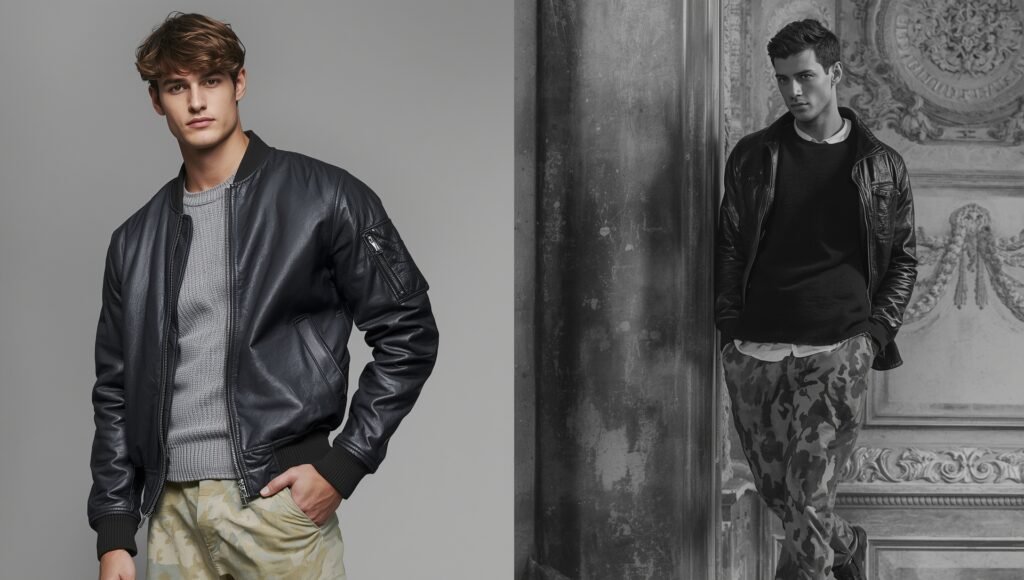 “Two men showcasing how to style a worn-in leather jacket with modern relaxed silhouettes — one in a bomber-style jacket and another in a fitted leather jacket, perfect for winter men fashion 2025.”