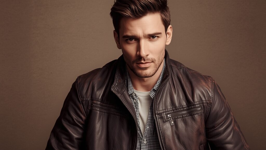 Man wearing a vintage brown leather jacket styled with a check shirt and neutral tee — showcasing effortless winter men fashion for 2025.
