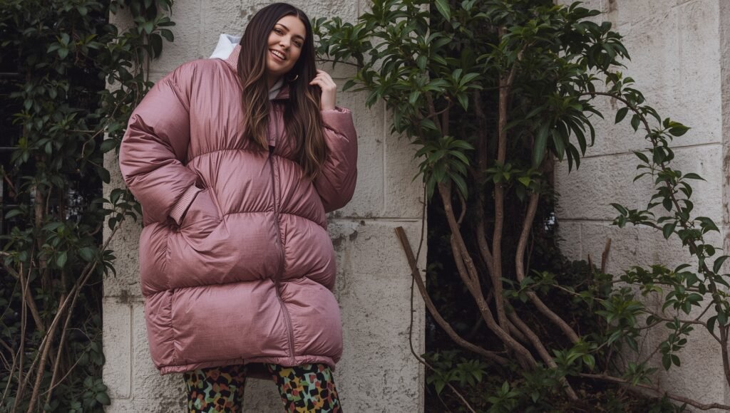 Smiling woman wearing a pink oversized puffer coat styled with patterned pants, showcasing inclusive winter outerwear for all body types.