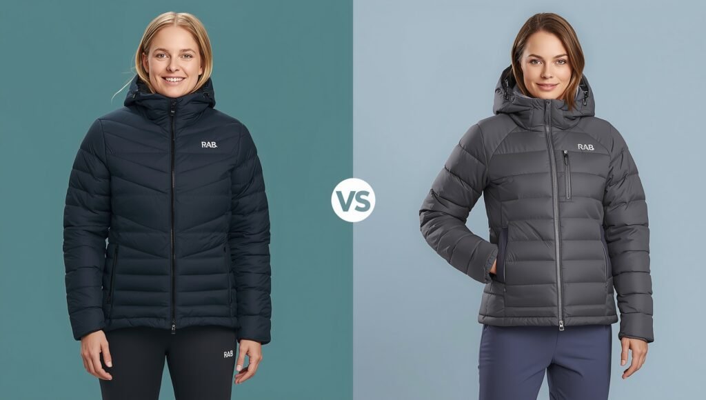 Women wearing insulated winter puffer coats side by side, comparing down-filled and synthetic jackets for warmth, comfort, and style.
