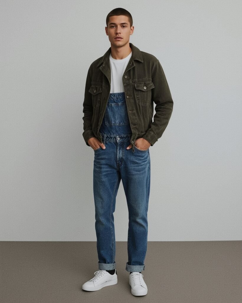 Layered men’s outfit featuring classic blue dungarees styled with a crisp white T-shirt and an olive trucker jacket, finished with rolled cuffs and white sneakers