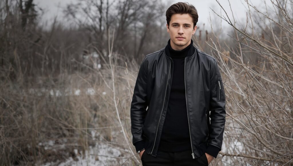 Man wearing a black leather jacket layered over a turtleneck, showcasing stylish winter outfit ideas for men in 2025.
