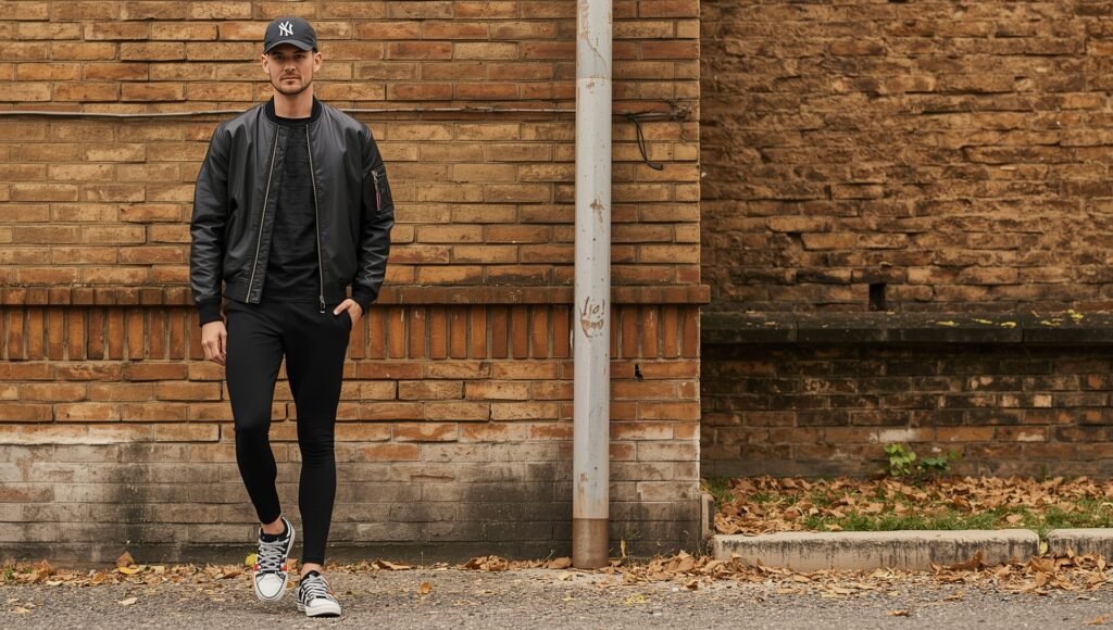 “Man wearing a black leather bomber jacket styled with leggings, sneakers, and a baseball cap, showcasing a modern athleisure winter men fashion outfit.”