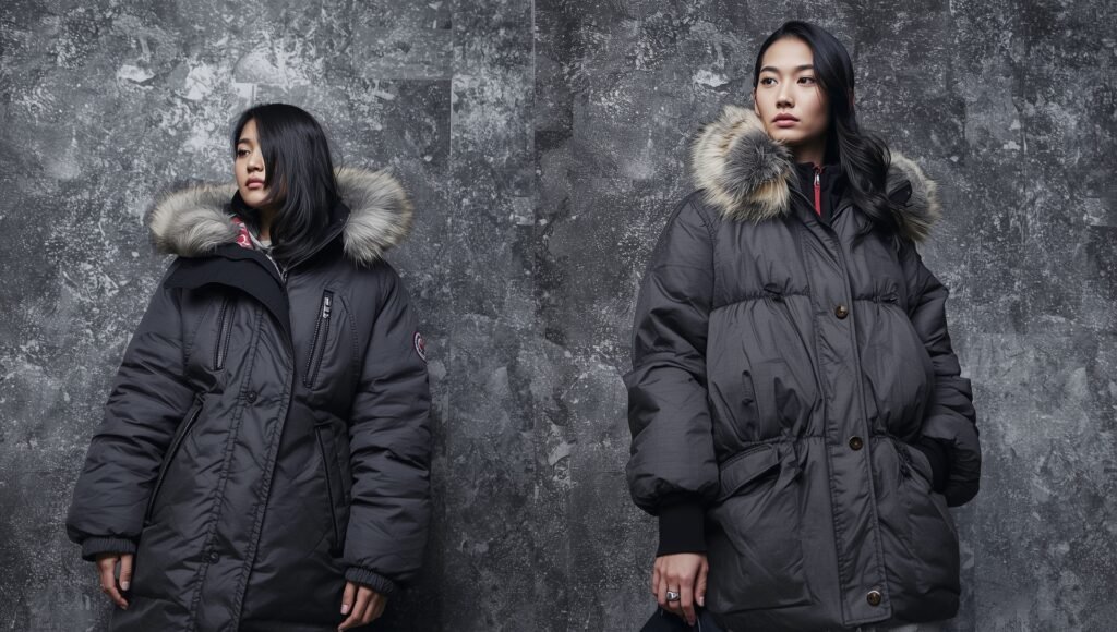 Women wearing luxury winter parkas with fur-trimmed hoods, showcasing premium designs from top brands like Canada Goose and Moncler, ideal for extreme cold and stylish winter wear.