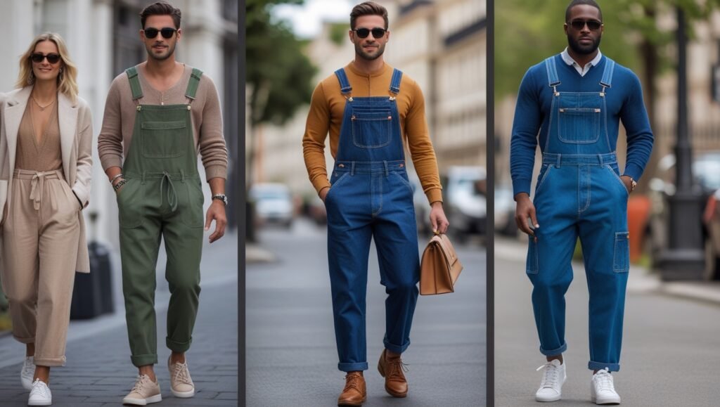 Three stylish men wearing dungarees in modern street-wear looks, showcasing 2025 fashion trends from the Men’s Dungarees Style Guide