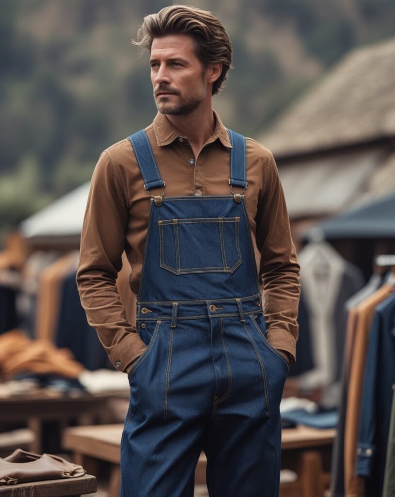 Stylish man wearing denim dungarees with a brown shirt, showcasing a modern runway-inspired look from the Men’s Dungarees Style Guide.