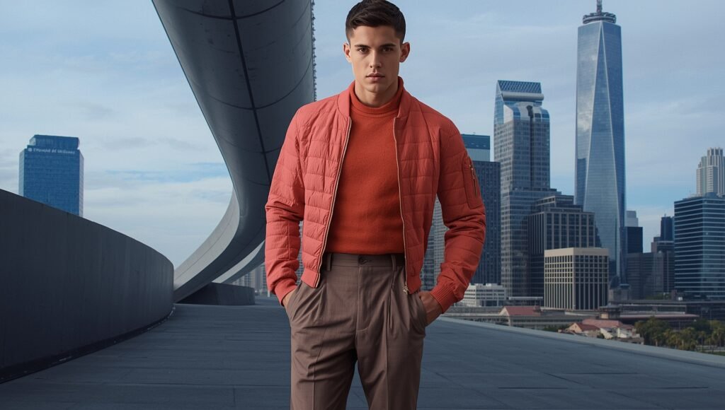 “Stylish man in a cropped quilted jacket and tailored trousers, highlighting modern layering and structured silhouettes for men’s winter outfits 2025.”