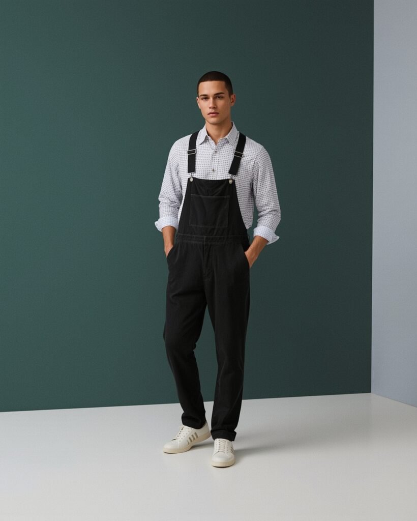 Man wearing black dungarees over a checkered button-up shirt paired with white sneakers, demonstrating a modern smart-casual outfit for men