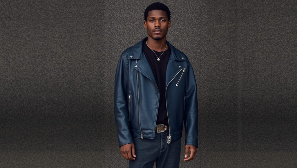 “Stylish man wearing a sleek dark leather jacket paired with casual jeans and accessories, showcasing a confident winter streetwear look for men in 2025.”