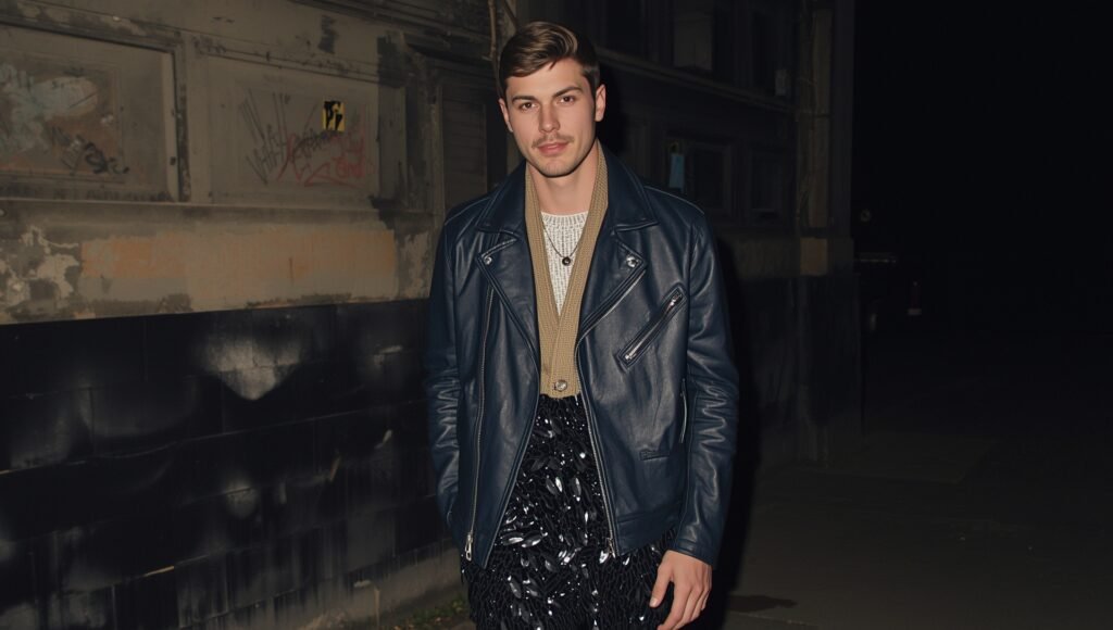 Man wearing a navy leather jacket styled for a night-out look, blending casual confidence with evening fashion vibes.