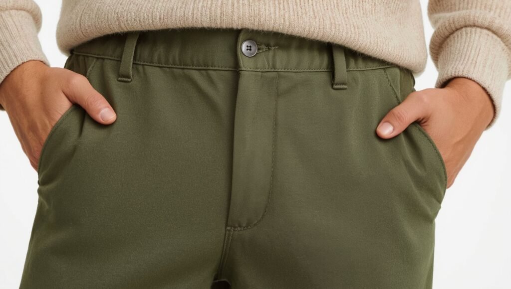 "Close-up of tailored olive chinos styled with a neutral knit sweater, showcasing a refined yet casual foundation for men’s autumn 2025 outfits."
