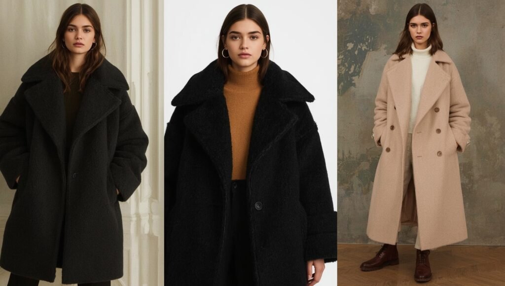 Three women in elegant oversized wool coats styled for cold-weather fashion, highlighting modern silhouettes and cozy layering trends.