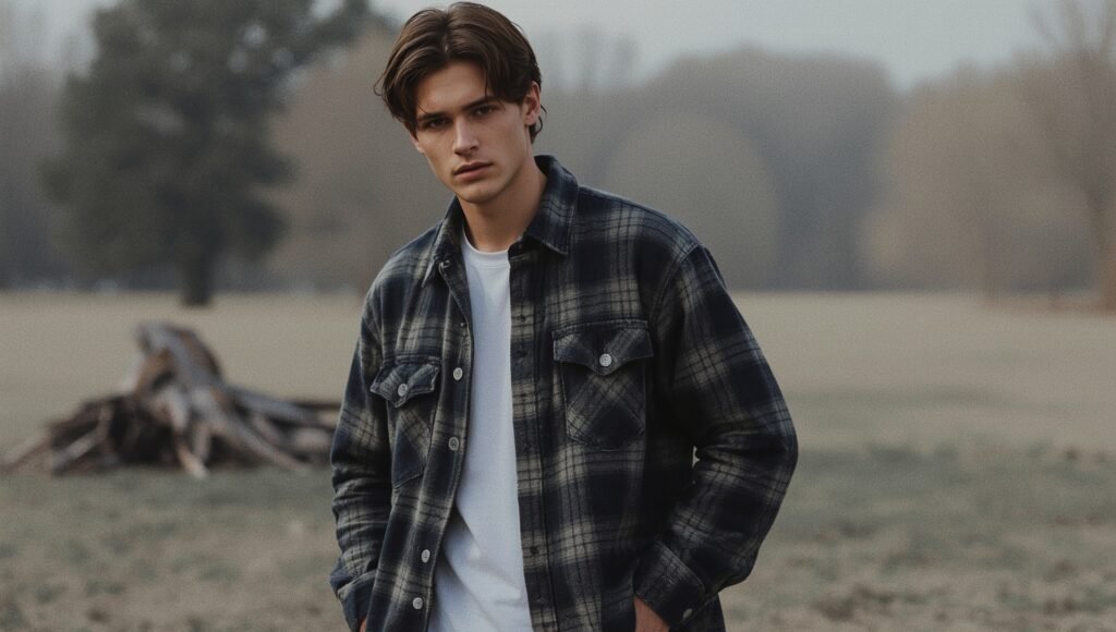 “Man wearing a navy plaid flannel overshirt layered over a white tee, standing outdoors on a crisp autumn morning—an effortless piece for creating a stylish Fall 2025 men’s wardrobe.”
