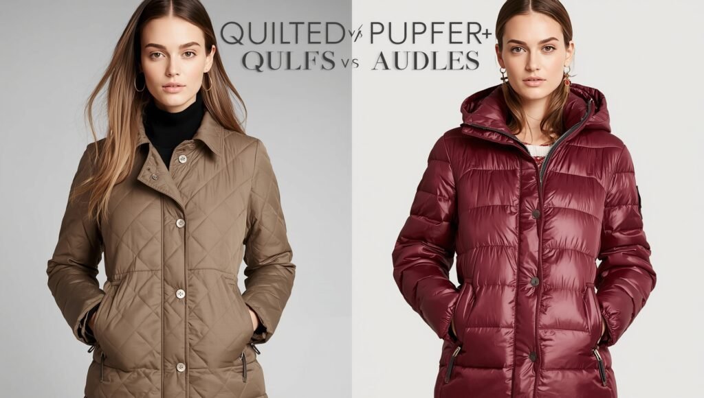 Side-by-side image of two women wearing quilted and puffer coats, showing the difference in stitching, insulation, and style for winter fashion.