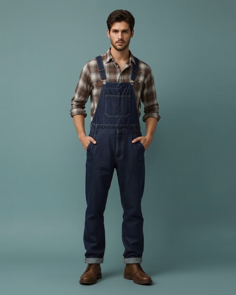 Man wearing dark denim dungarees styled with a plaid flannel shirt and brown leather boots against a plain backdrop.