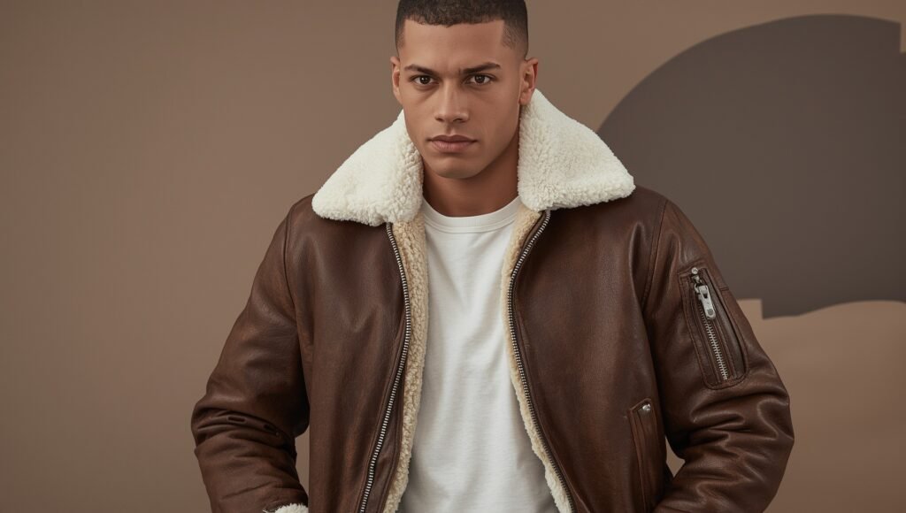 “Man wearing a brown leather aviator jacket with a soft shearling lining, styled casually with a white tee for a clean, masculine winter look.”