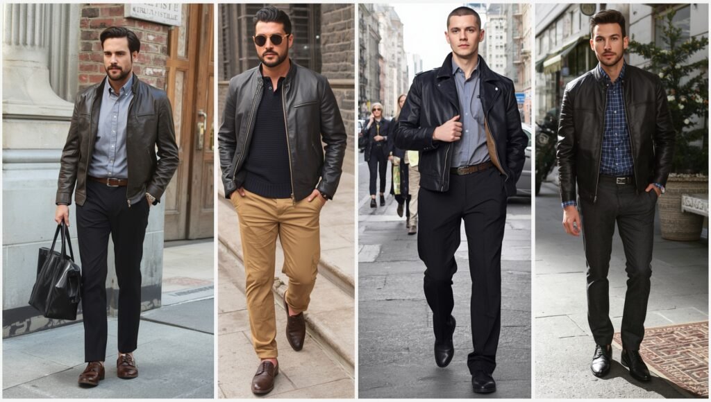 “Men wearing leather jackets styled with button-down shirts and tailored trousers, showcasing a smart casual winter fashion look for 2025.”