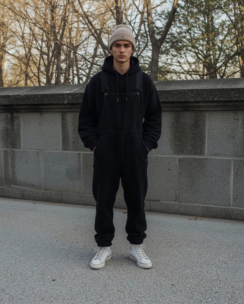 Streetwear men’s outfit featuring relaxed black dungarees layered over an oversized hoodie with a beige beanie and white high-top sneakers