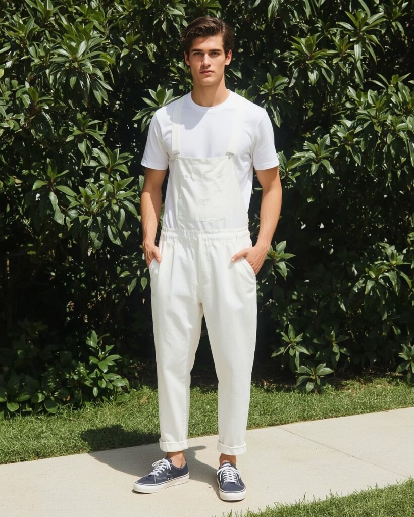 Casual summer men’s look featuring white lightweight dungarees in breathable cotton paired with a plain white tee, cuffed hems, and navy canvas sneakers