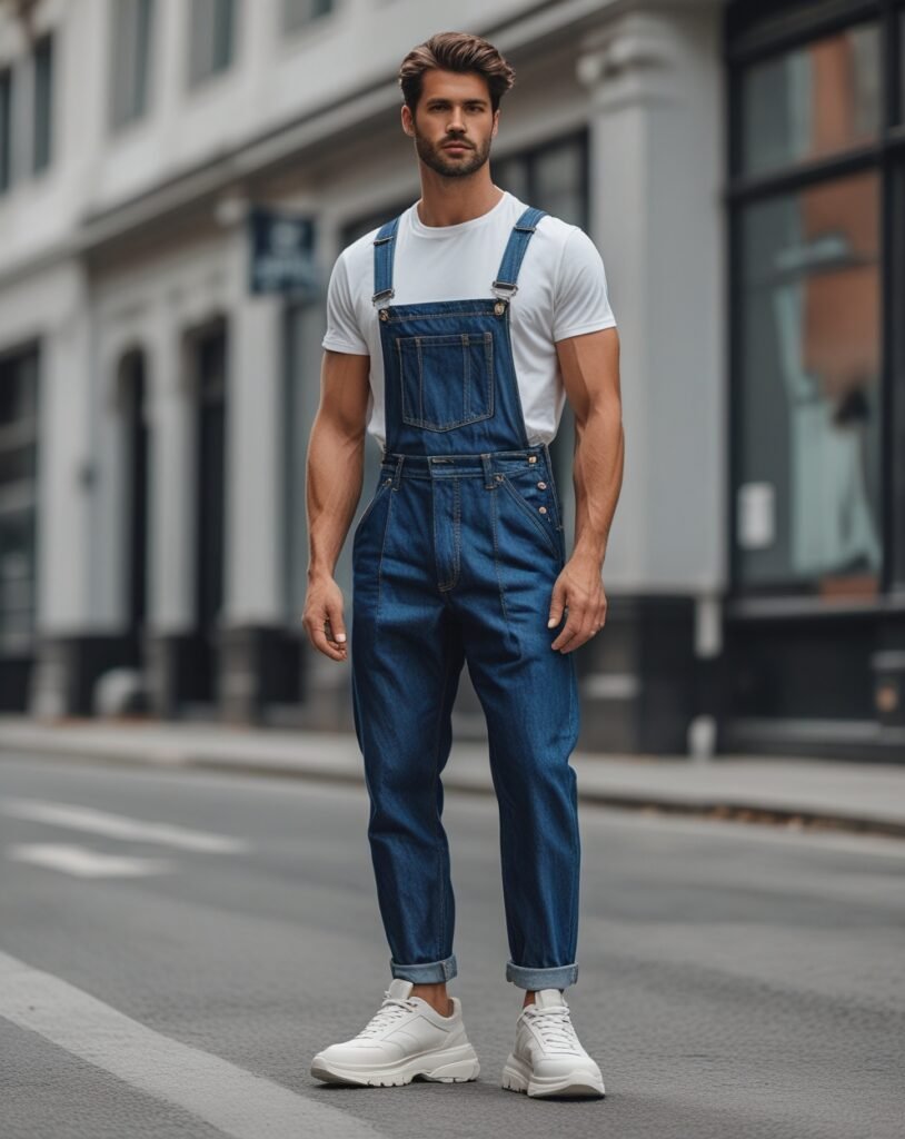 Stylish man wearing denim dungarees with a white t-shirt and chunky sneakers on a city street.
