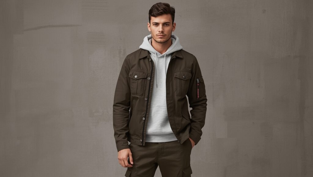 Man wearing a brown leather jacket over a Gray hoodie with cargo pants, showcasing a modern utilitarian winter style for men.