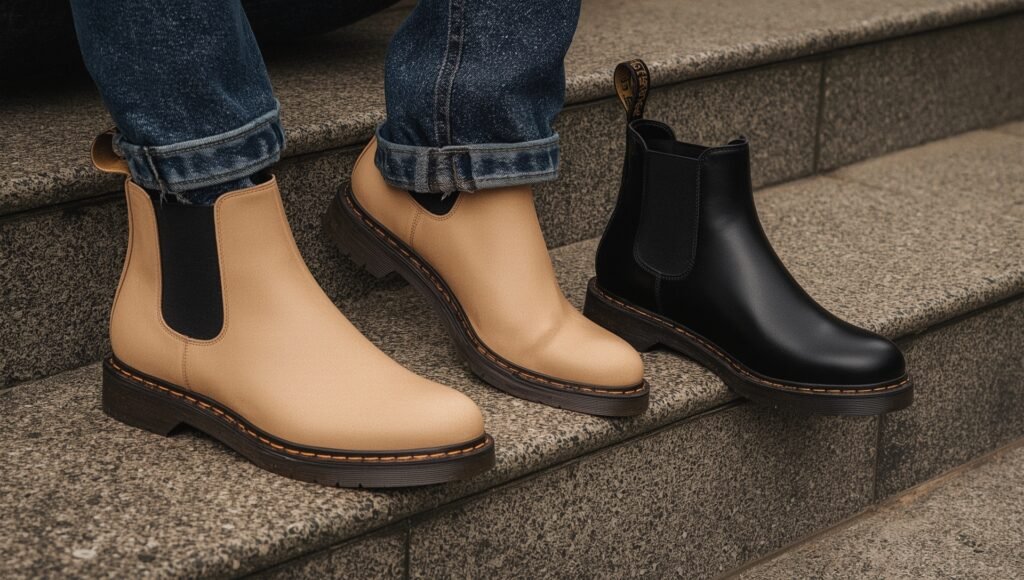 “Close-up of tan and black Chelsea ankle boots styled with cuffed denim jeans—versatile footwear choice that elevates men’s autumn outfits for the 2025 season.”