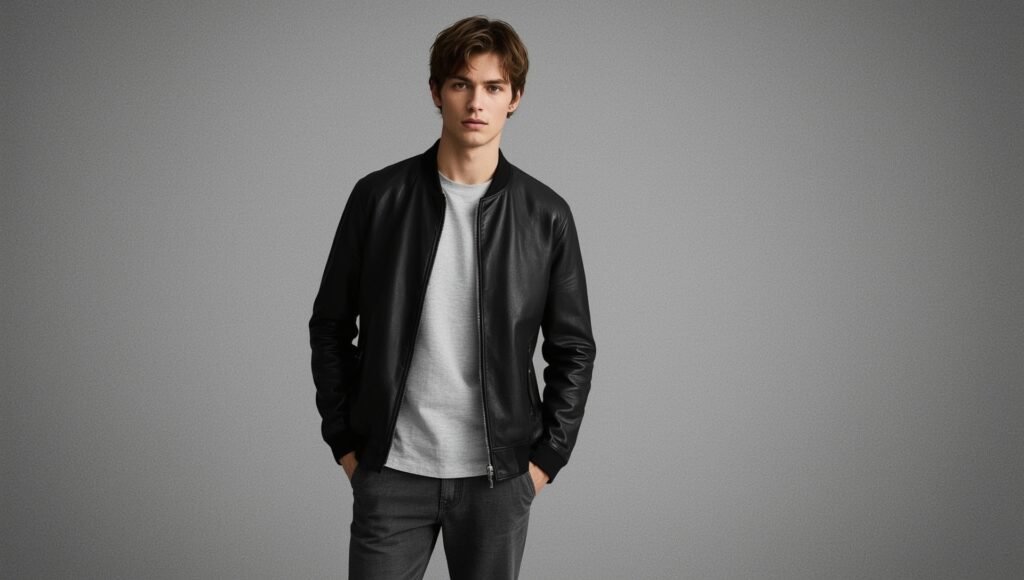 Modern man in a sleek leather jacket layered over a light shirt, representing timeless outerwear trends for autumn 2025 fashion.