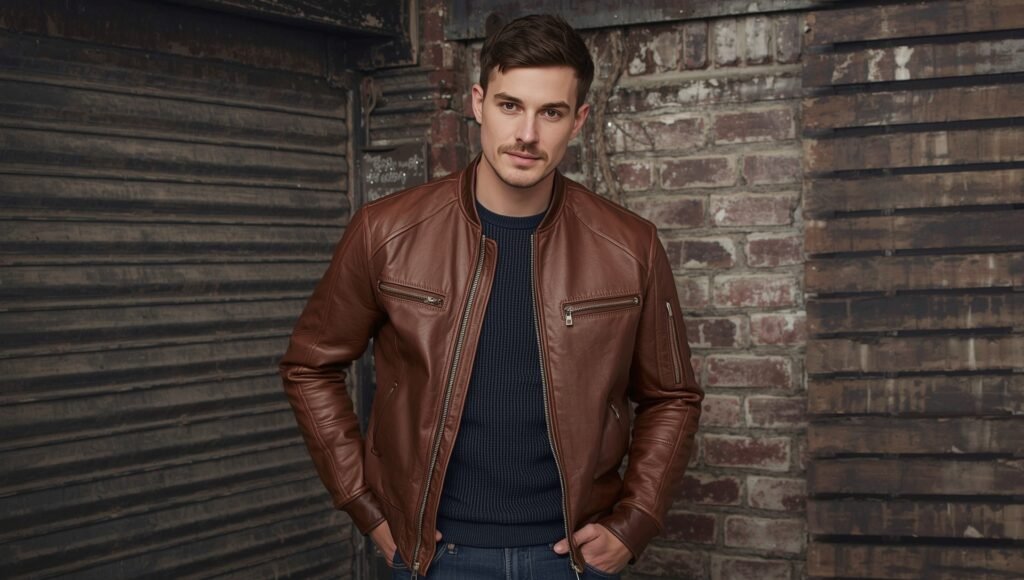 Man wearing a classic brown leather jacket with a navy sweater, showcasing effortless winter 2025 men’s fashion and timeless rugged style.