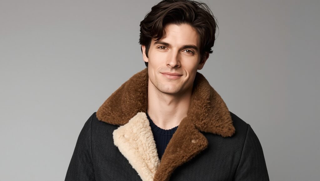 Man wearing a shearling-collar leather coat styled for a modern winter look, showing effortless masculine fashion inspiration for 2025
