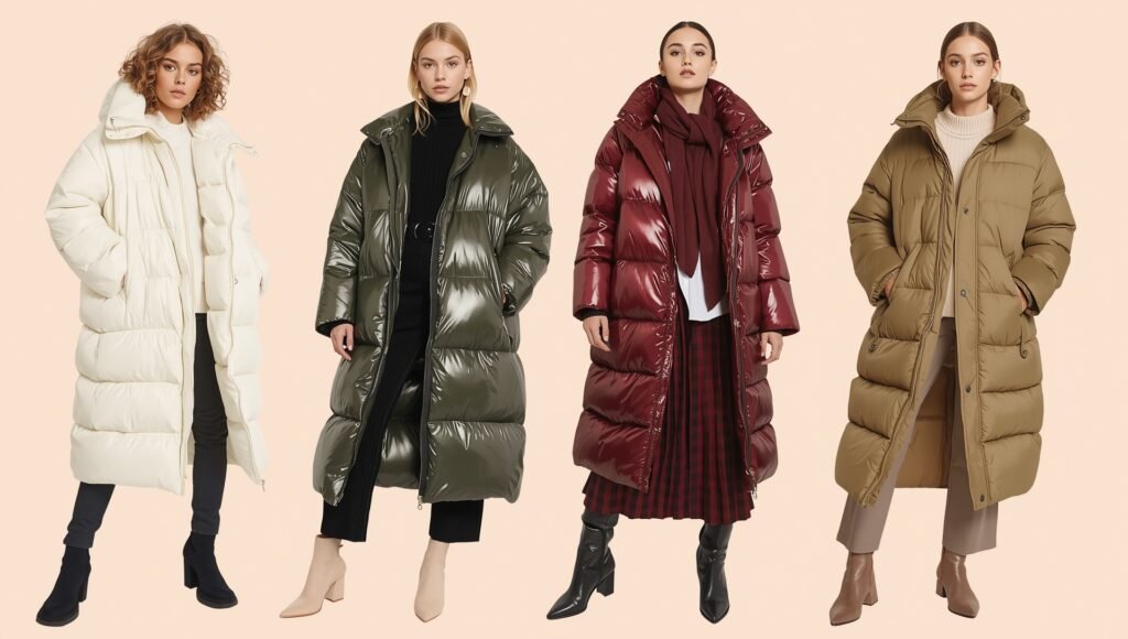 "Four women wearing stylish winter puffer coats in trending shades of cream, olive green, metallic burgundy, and camel, showcasing 2025 outerwear color trends."