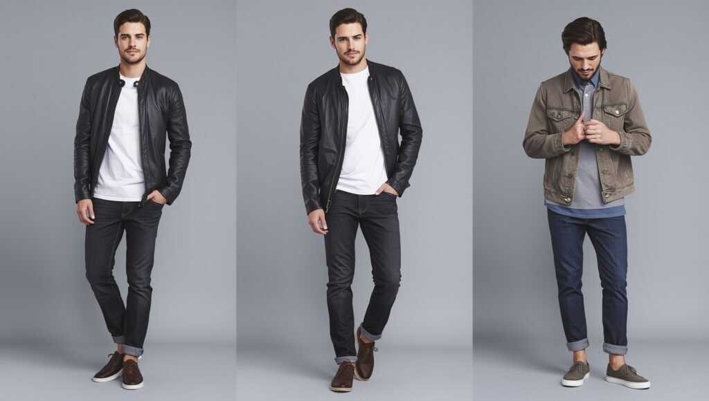 “Man wearing a worn-in leather jacket with dark jeans and casual shoes, showcasing a modern winter men fashion outfit for 2025.”