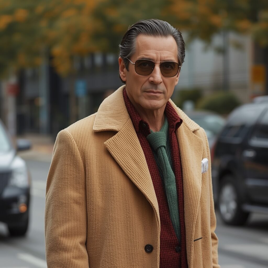 A stylish man wearing a camel corduroy coat, textured knit layers, and sunglasses, showcasing an autumn look inspired by Al Pacino’s Iconic Look in 2026.