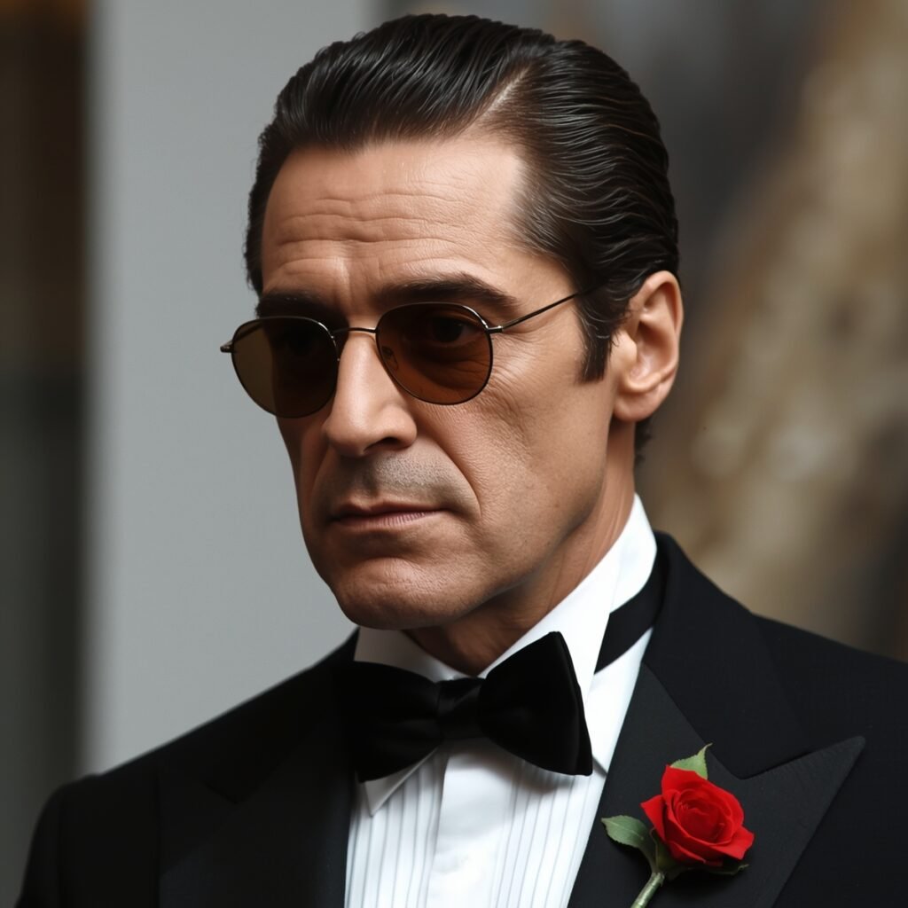 A man in a tuxedo with slicked-back hair, wearing sunglasses and a red boutonnière, showcasing a refined style inspired by Al Pacino’s Iconic Look in 2026.