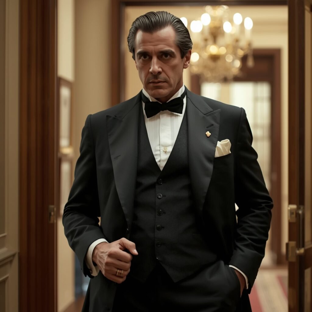 A sophisticated man in a sharp three-piece tuxedo with a high-buttoned waistcoat, capturing the commanding, refined style associated with Al Pacino’s iconic cinematic aesthetic.