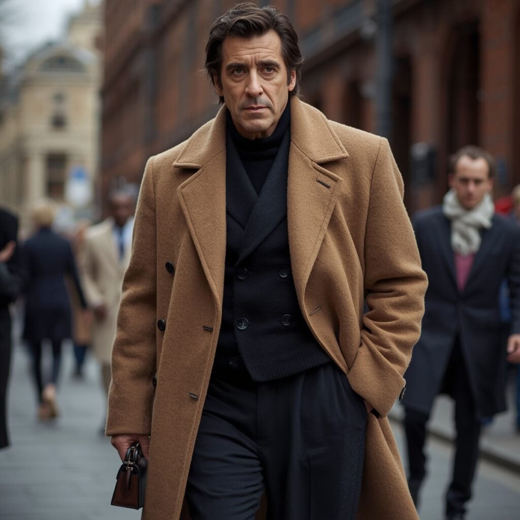 A man wearing a camel wool overcoat layered over dark tailoring, reflecting a modern interpretation of Al Pacino’s iconic look in 2026.