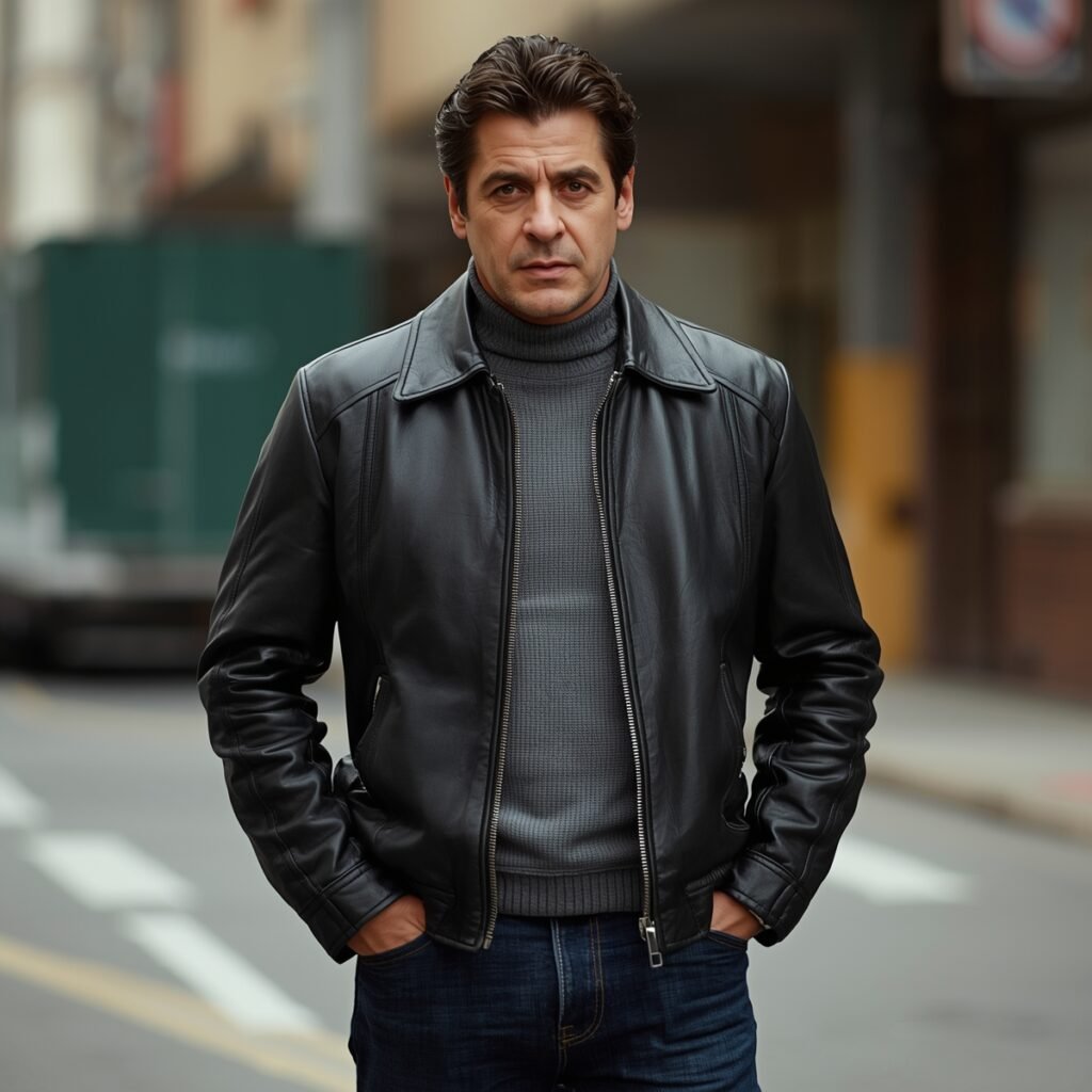 A man wearing a sleek black leather jacket and grey turtleneck, showcasing a modern interpretation of Al Pacino’s iconic look in 2026.