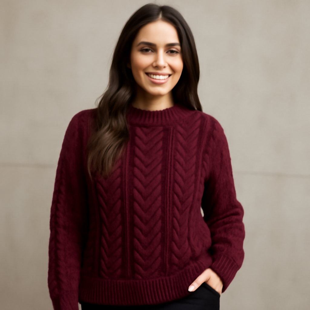 A smiling young woman wearing a cozy burgundy cable-knit sweater, perfect for embracing the Burgundy Red Trend 2026. The chic yet comfortable knitwear is ideal for winter women fashion 2026.