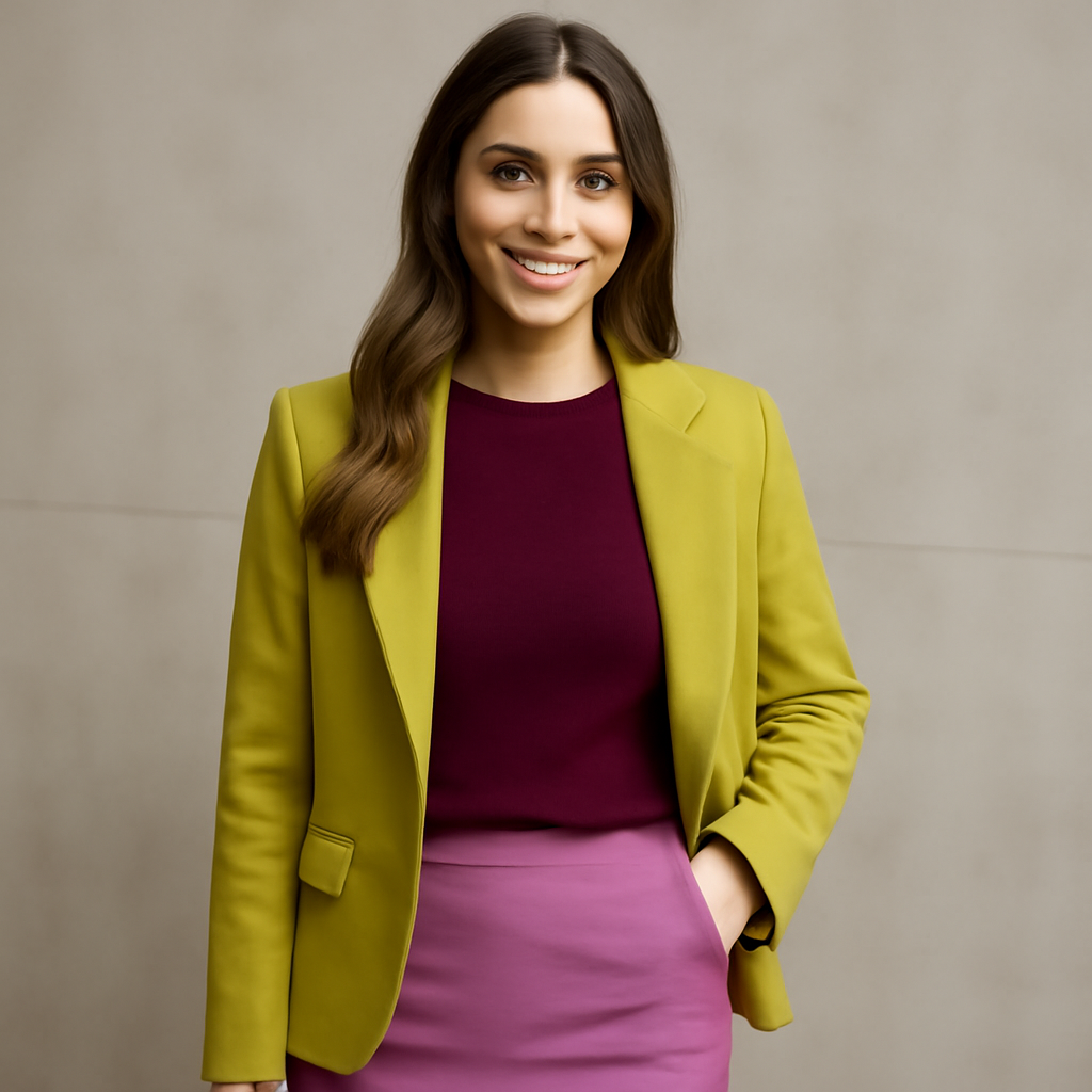 A young woman confidently smiling in a burgundy top paired with a chartreuse blazer and mauve skirt, perfectly showcasing the unexpected color pairing trend for Winter women fashion 2026 and the Burgundy Red Trend 2026.