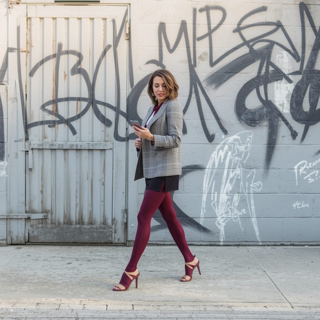 A woman walking confidently in burgundy tights paired with a stylish plaid blazer and black mini skirt, showcasing the Burgundy Red Trend 2026. The tights add a pop of color and are perfect for winter women fashion 2026