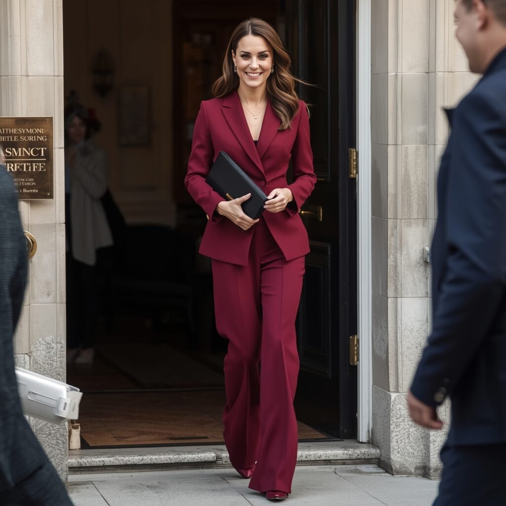 A woman wearing a tailored burgundy blazer and trousers, showcasing the Burgundy Red Trend 2026 through modern power dressing in winter women fashion.