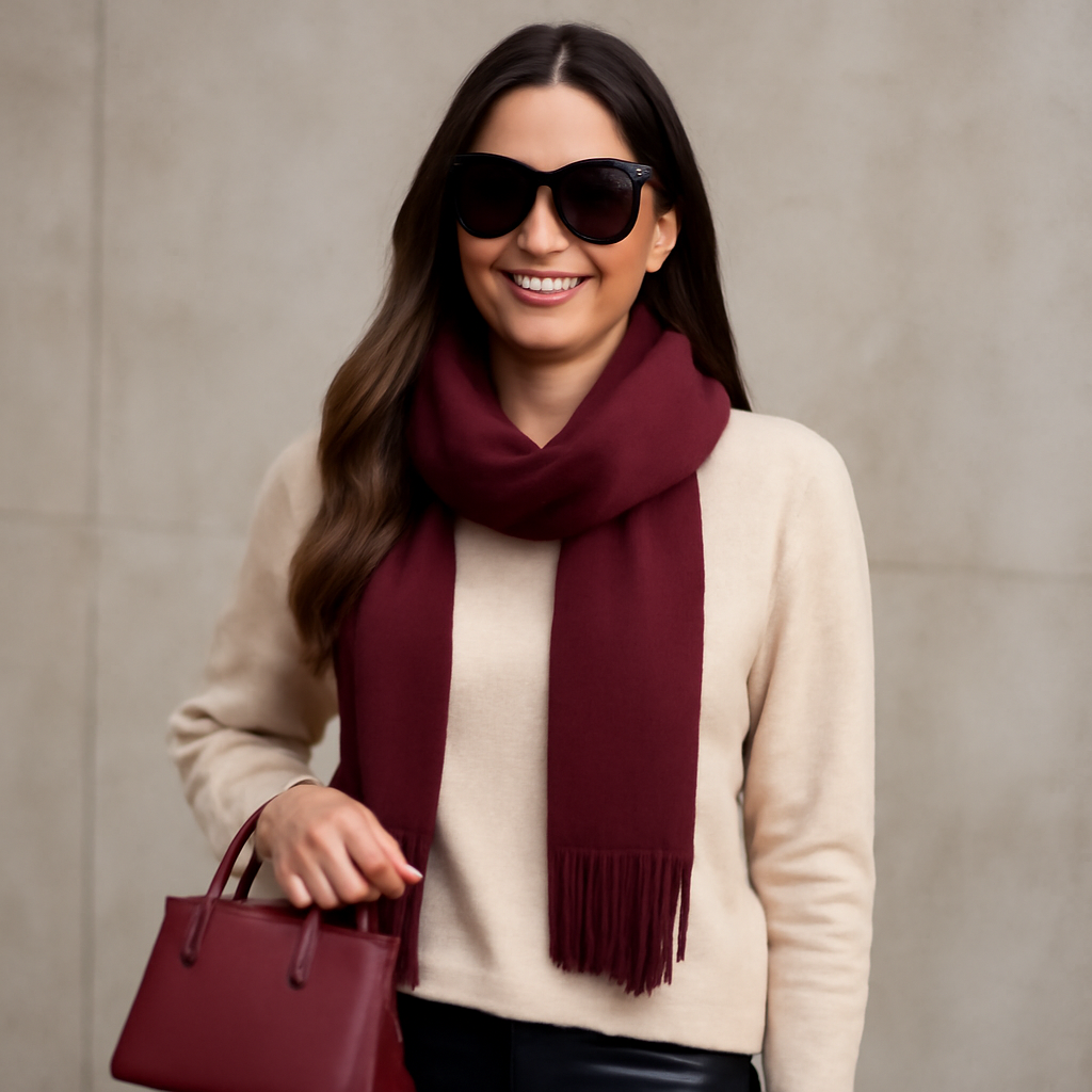 A beautiful young woman smiling confidently, showcasing statement accessories like a burgundy handbag, matching scarf, and stylish sunglasses, perfect for embracing the Burgundy Red Trend 2026 in winter women fashion.