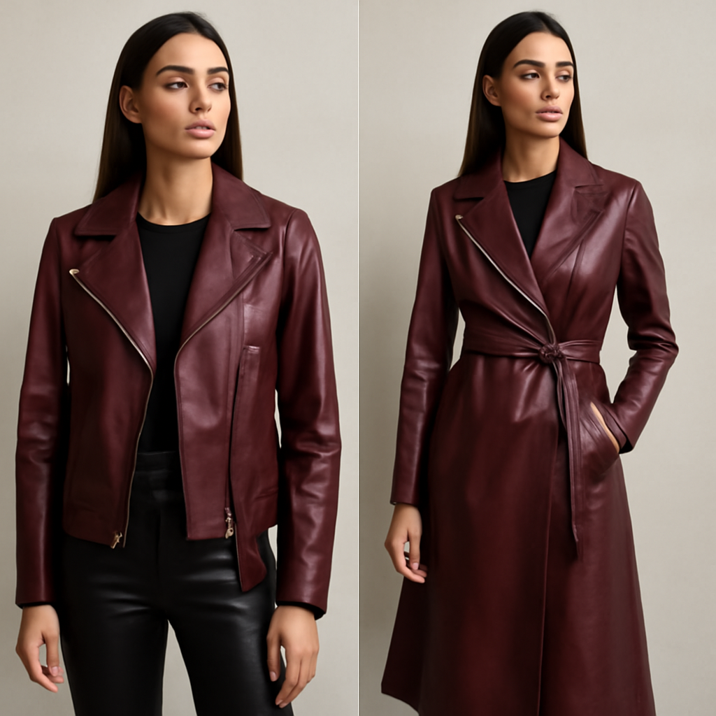 A young woman showcasing a stylish burgundy red leather moto jacket and a sleek burgundy trench coat, perfect for winter women fashion in 2026. The luxe leather outerwear trend adds a touch of sophistication and boldness to any outfit
