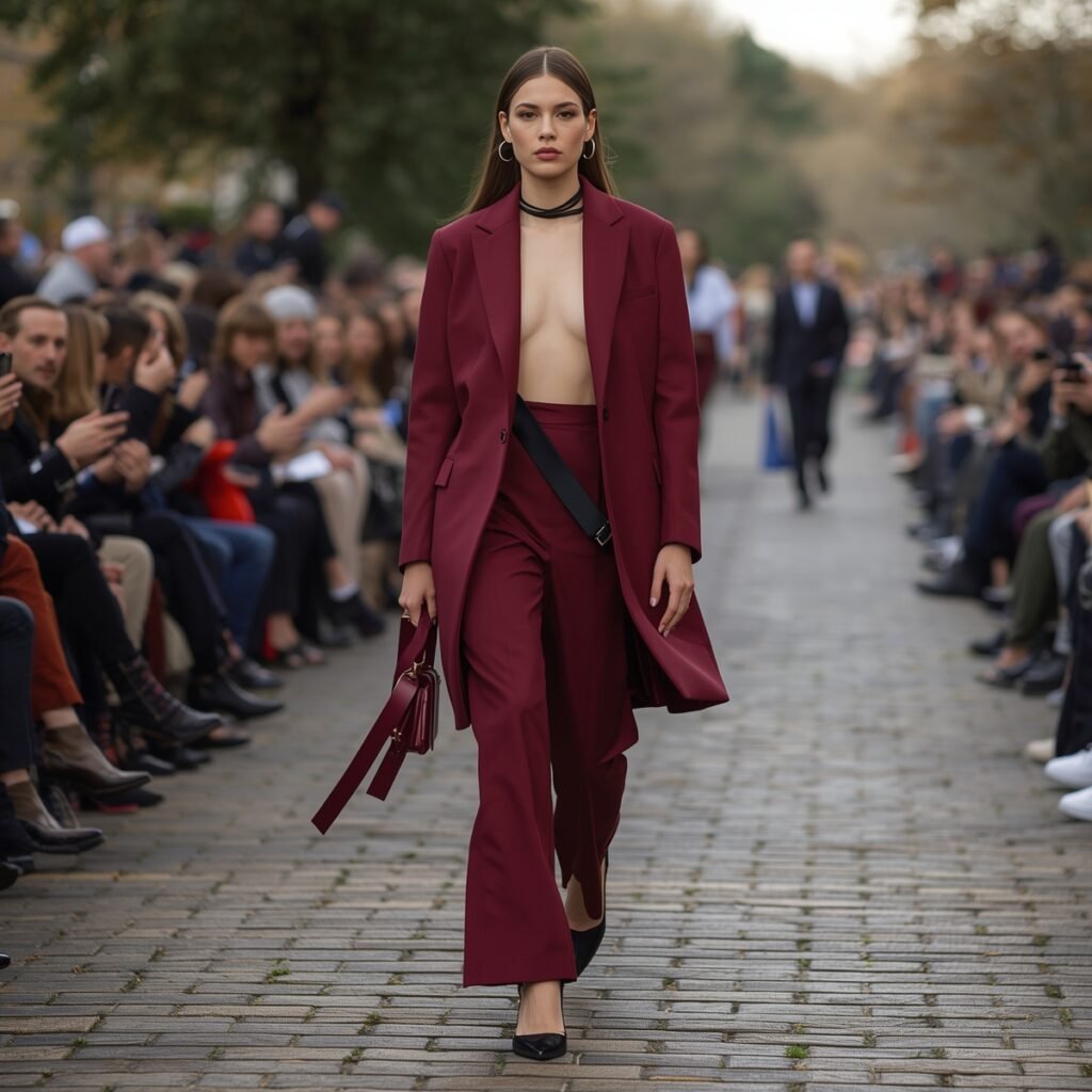 A model walking the runway in a tailored burgundy suit, showcasing the Burgundy Red Trend 2026 in modern winter women fashion.