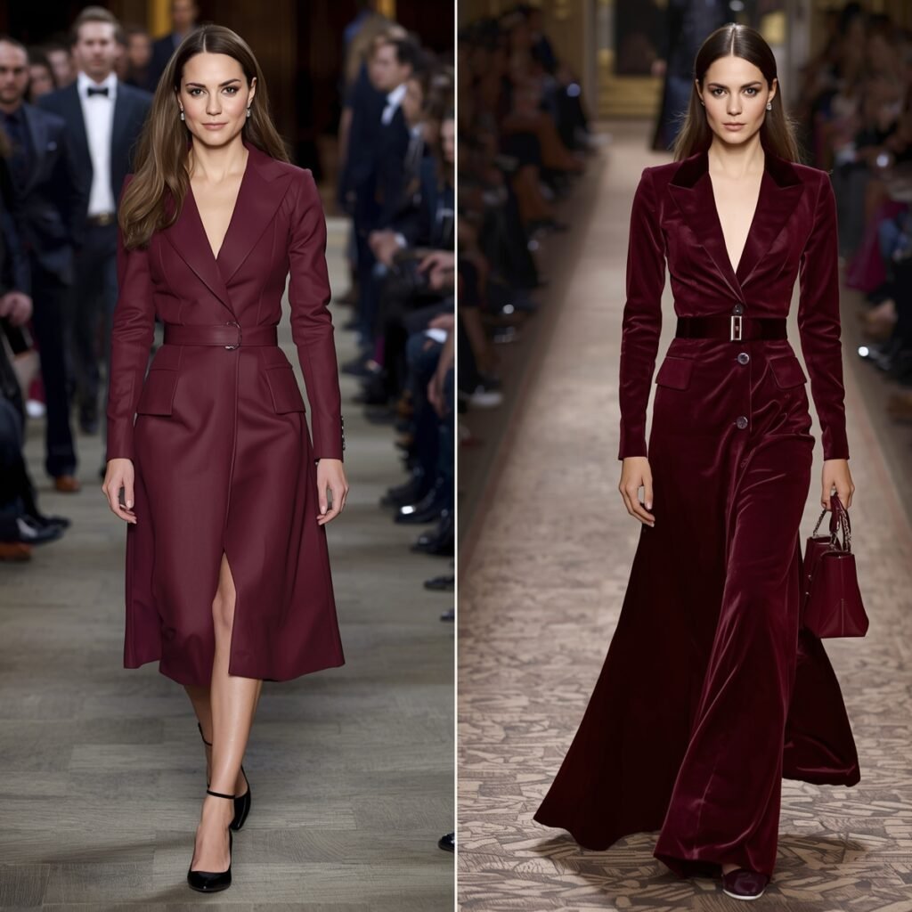 Runway looks in deep burgundy tones reflecting the Burgundy Red Trend 2026, blending royal-inspired elegance with modern winter women fashion.