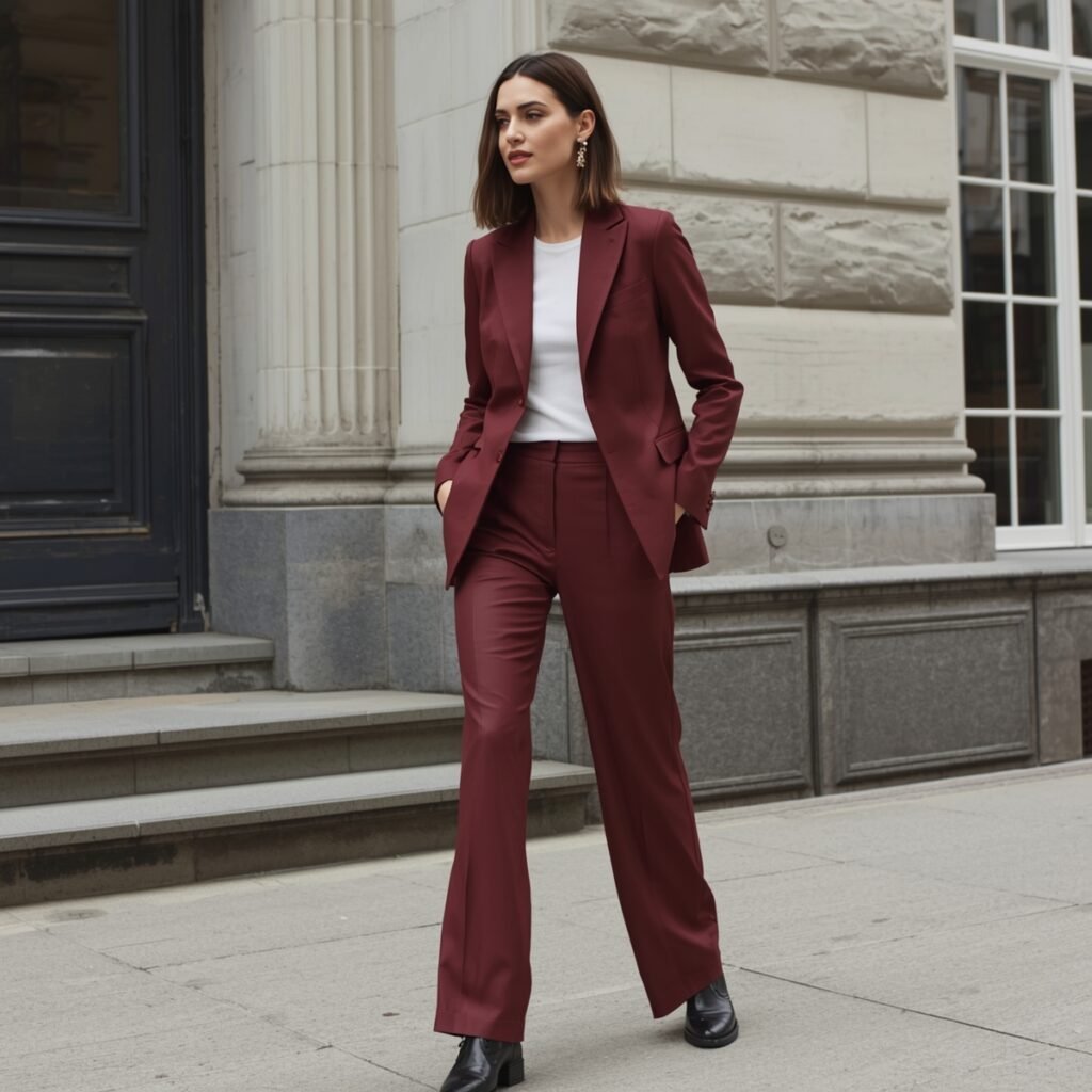A woman confidently walking in burgundy tailored trousers and a matching blazer, perfect for embracing the Burgundy Red Trend 2026. The polished office-ready look pairs beautifully with a white top, embodying winter women fashion 2026