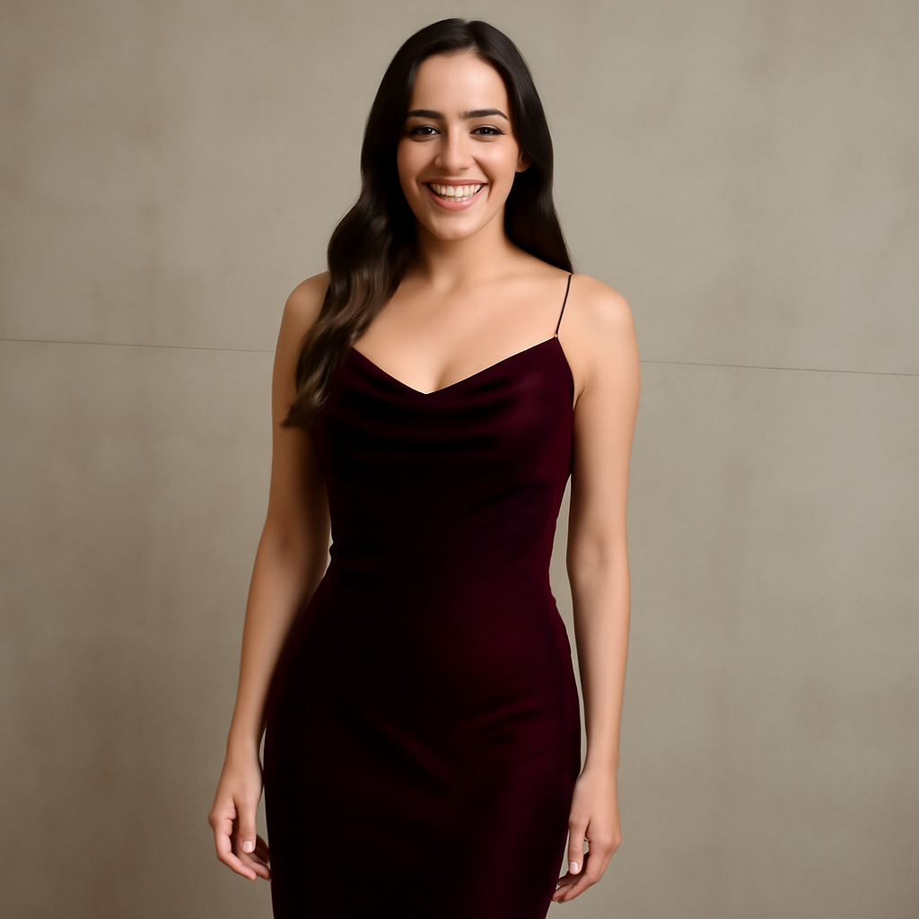 A young woman in a burgundy velvet slip dress, smiling gracefully, showcasing the Burgundy Red Trend 2026. The elegant, flattering dress embodies the luxurious essence of winter women fashion 2026