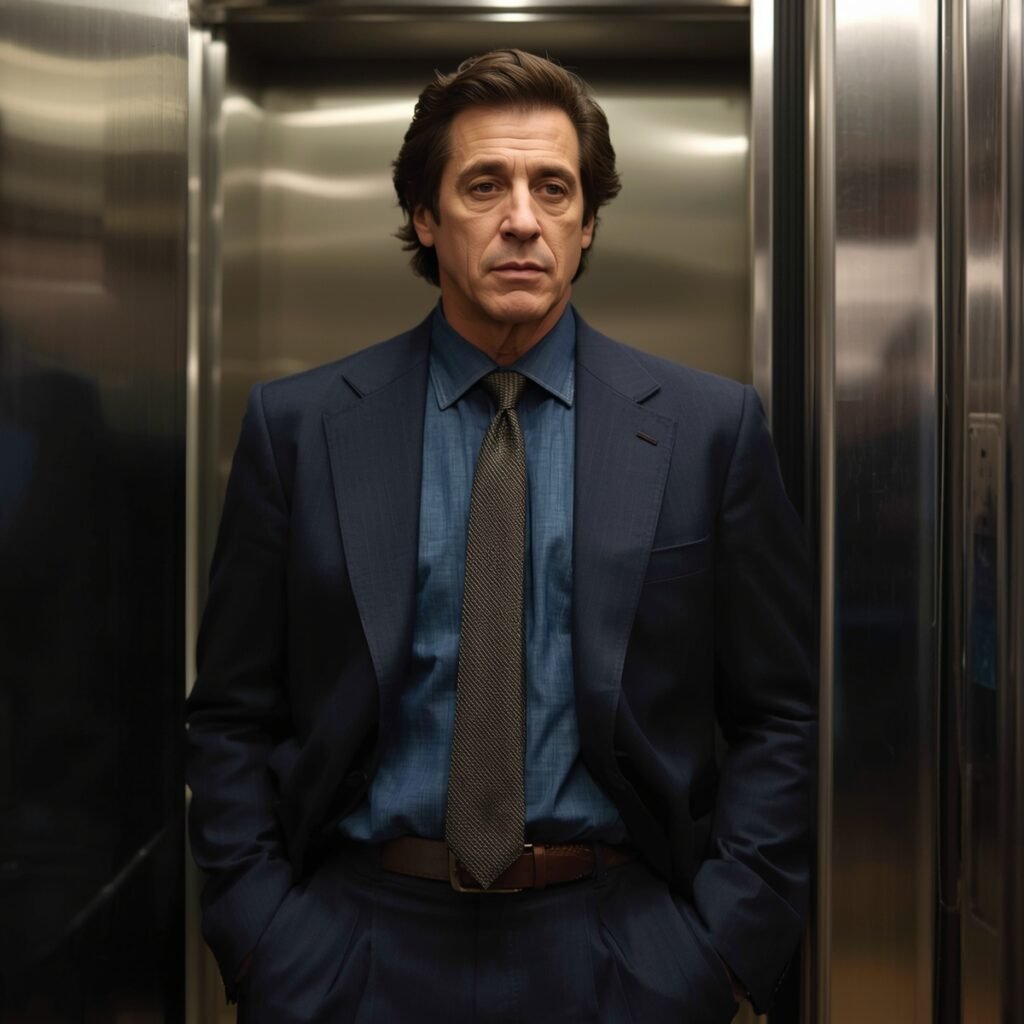 A man wearing a relaxed navy suit paired with a dark denim shirt and textured tie, showcasing a modern twist on classic tailoring inspired by Al Pacino’s refined style