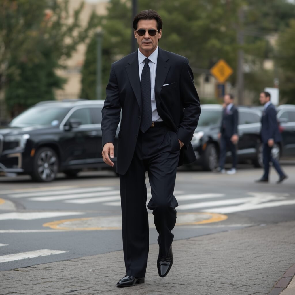 Man in an oversized navy suit walking confidently in a city setting, showcasing a relaxed, 1990s-inspired tailoring style aligned with Al Pacino’s iconic look in 2026